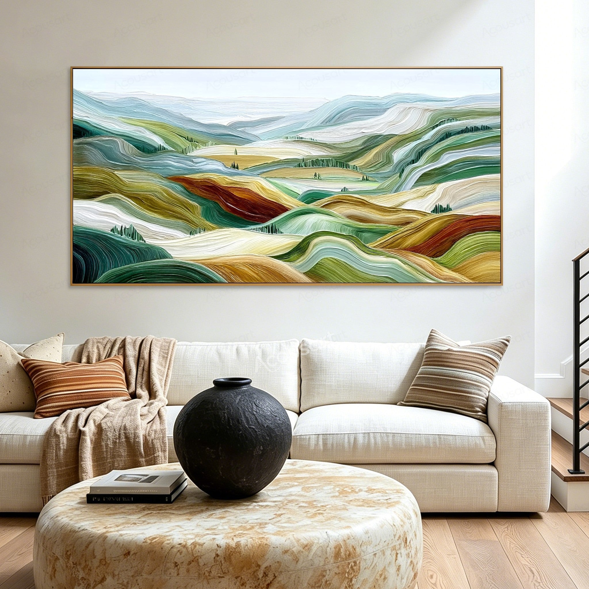 Green textured landscape wall art with rolling hills, pale blue mountains, golden fields, and small groups of trees