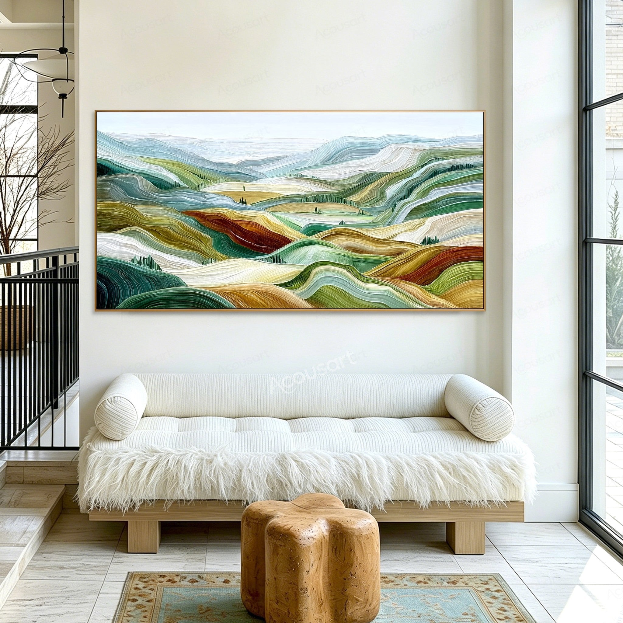 Green textured landscape wall art with rolling hills, pale blue mountains, golden fields, and small groups of trees