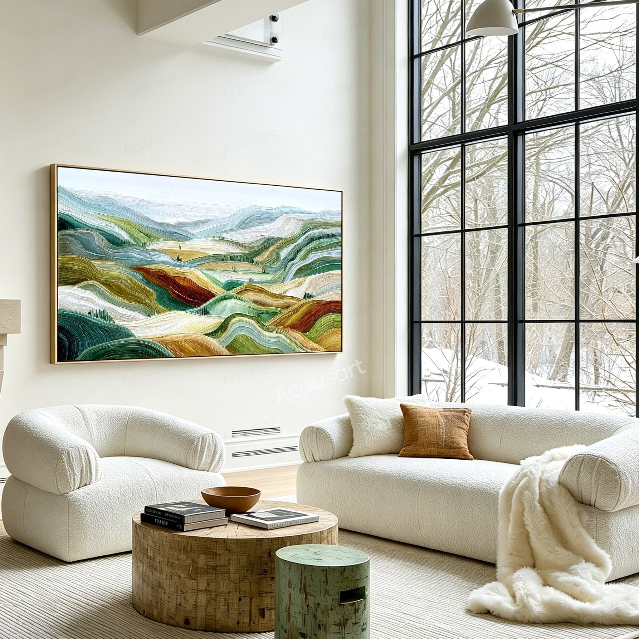 Green textured landscape wall art with rolling hills, pale blue mountains, golden fields, and small groups of trees