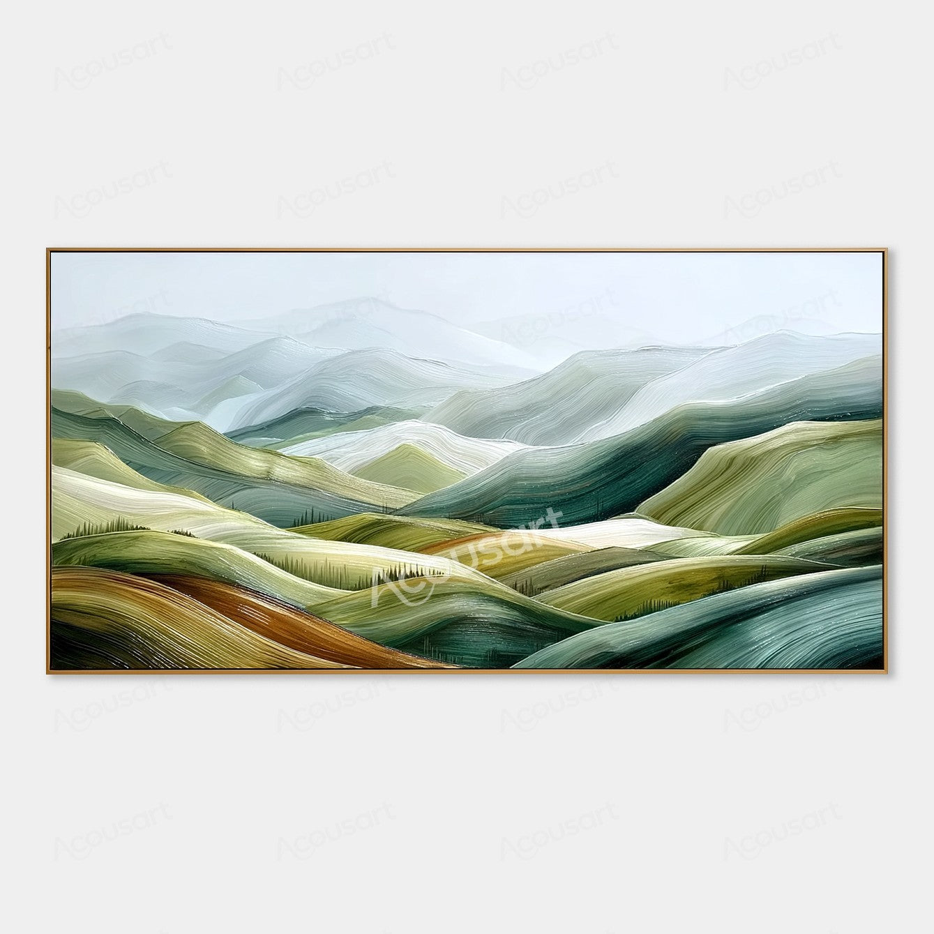 Green textured landscape wall art with rolling hills, misty blue mountains, cream fields, and small rows of trees