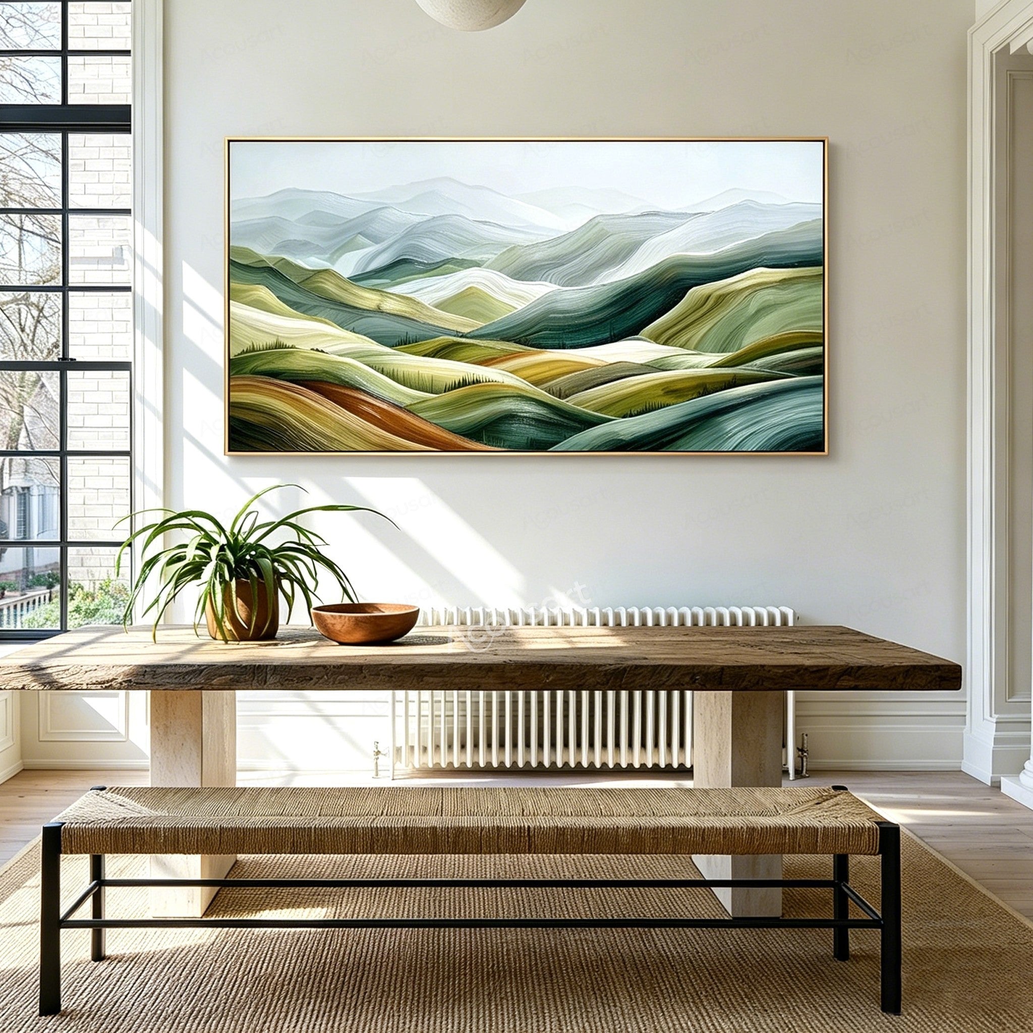 Green textured landscape wall art with rolling hills, misty blue mountains, cream fields, and small rows of trees