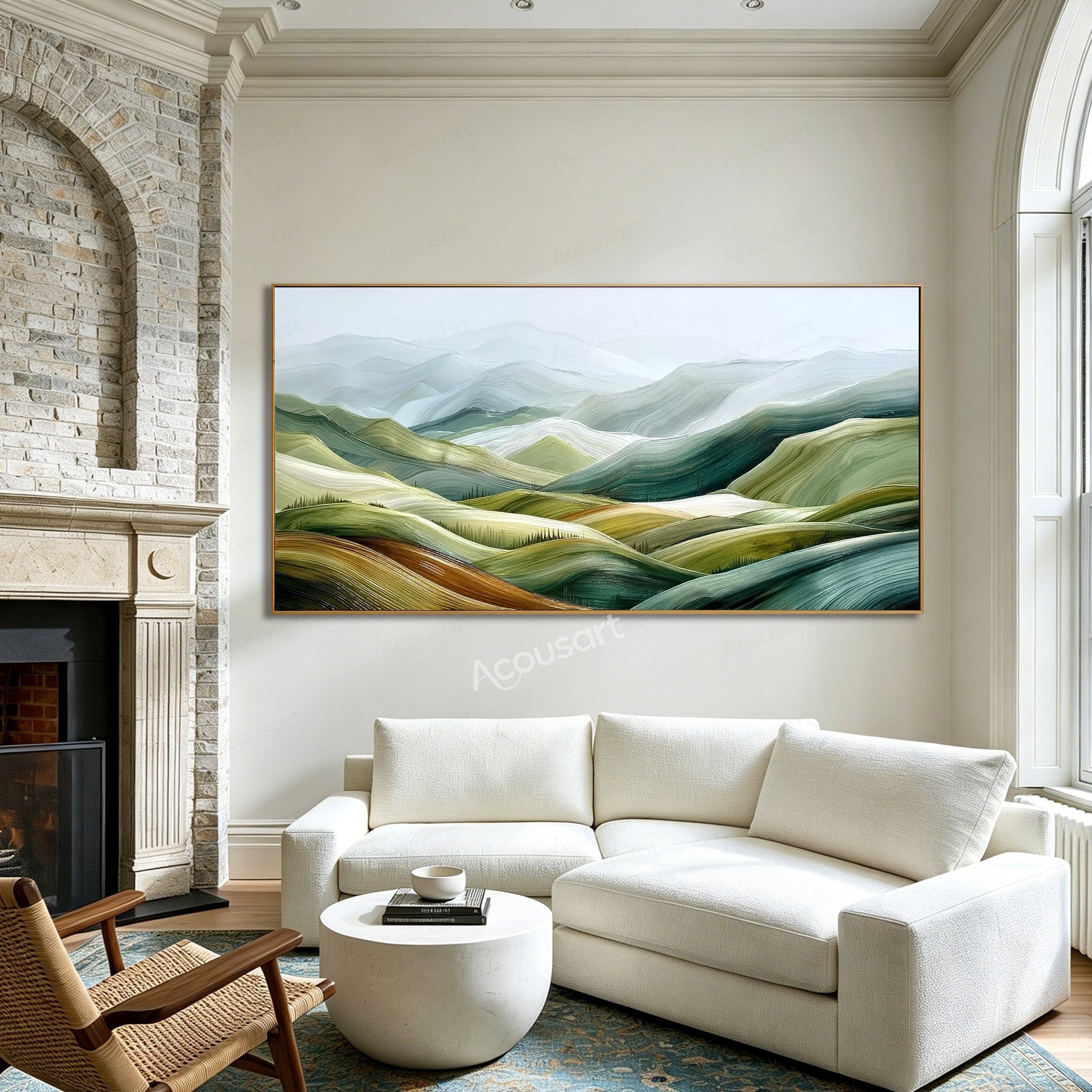 Green textured landscape wall art with rolling hills, misty blue mountains, cream fields, and small rows of trees