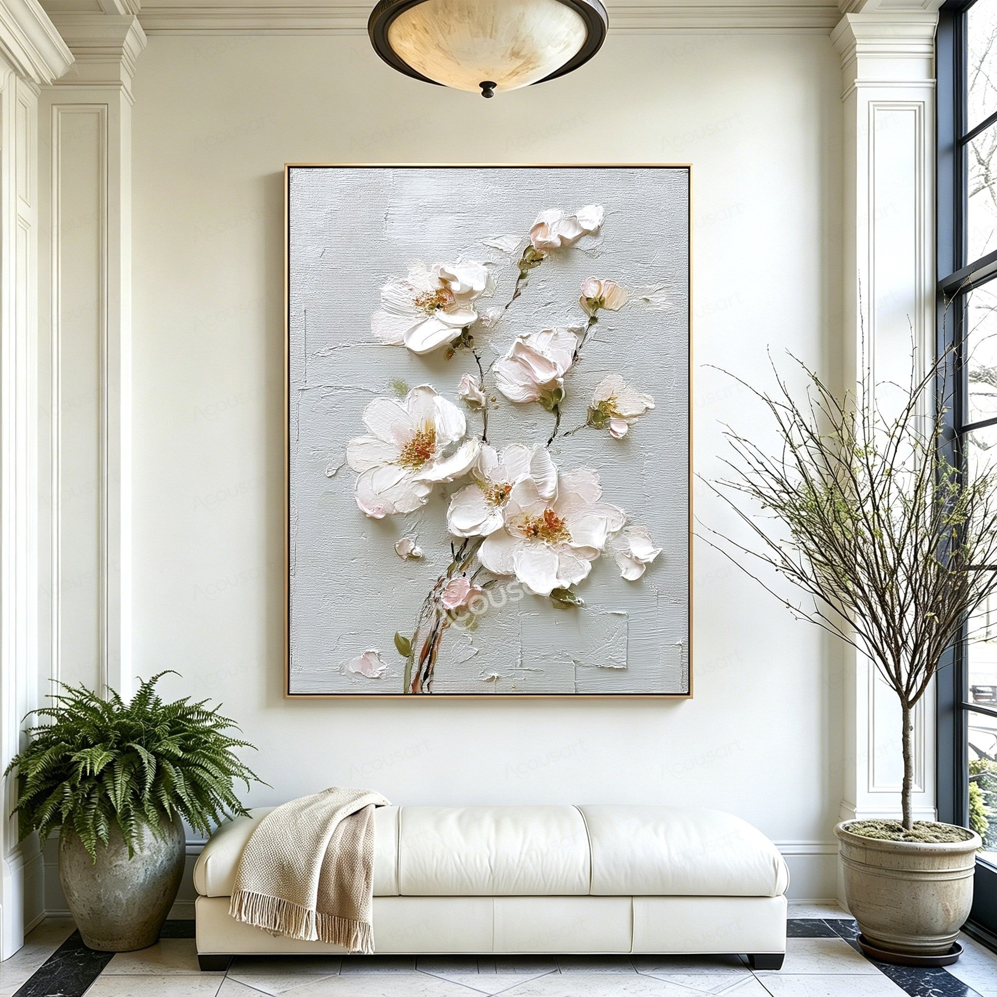White textured floral wall art with blush pink flowers, gold centers, green leaves, and brown stems on a pale blue-gray background