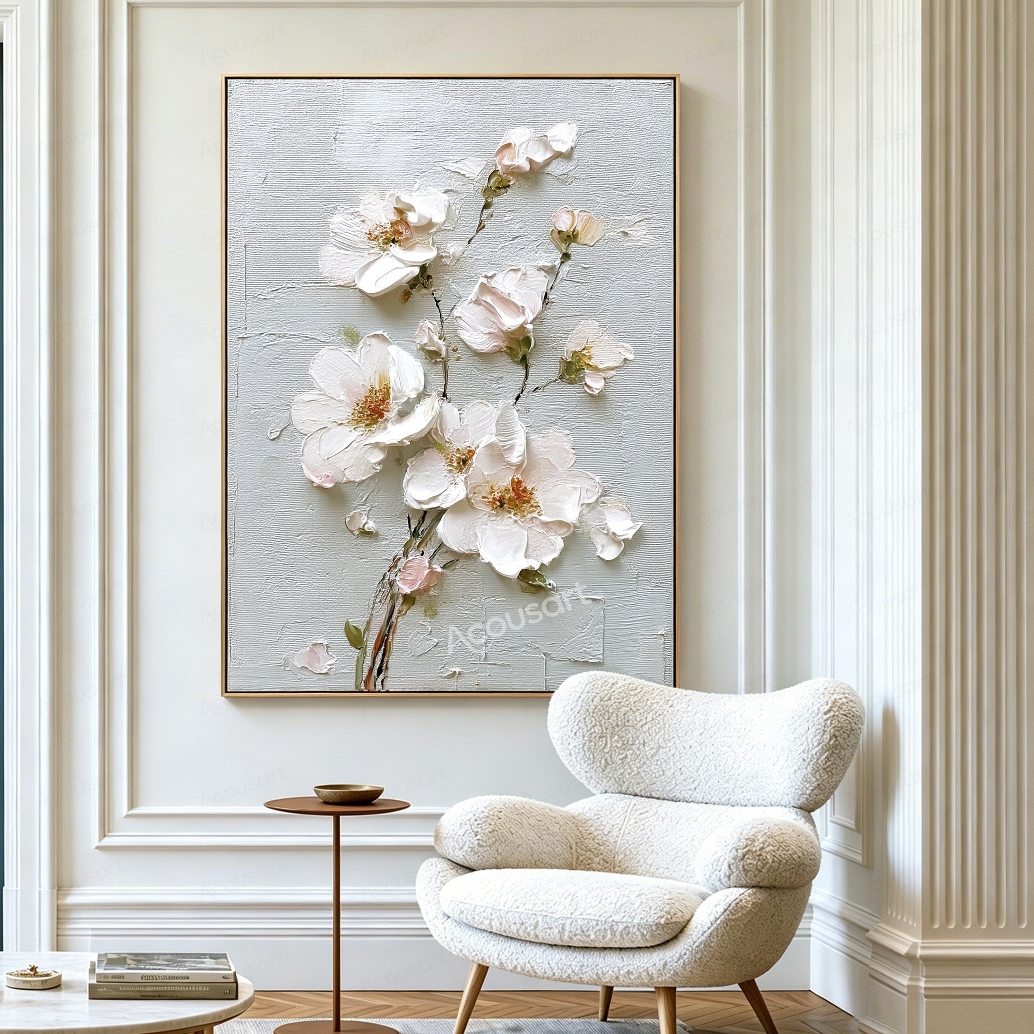 White textured floral wall art with blush pink flowers, gold centers, green leaves, and brown stems on a pale blue-gray background