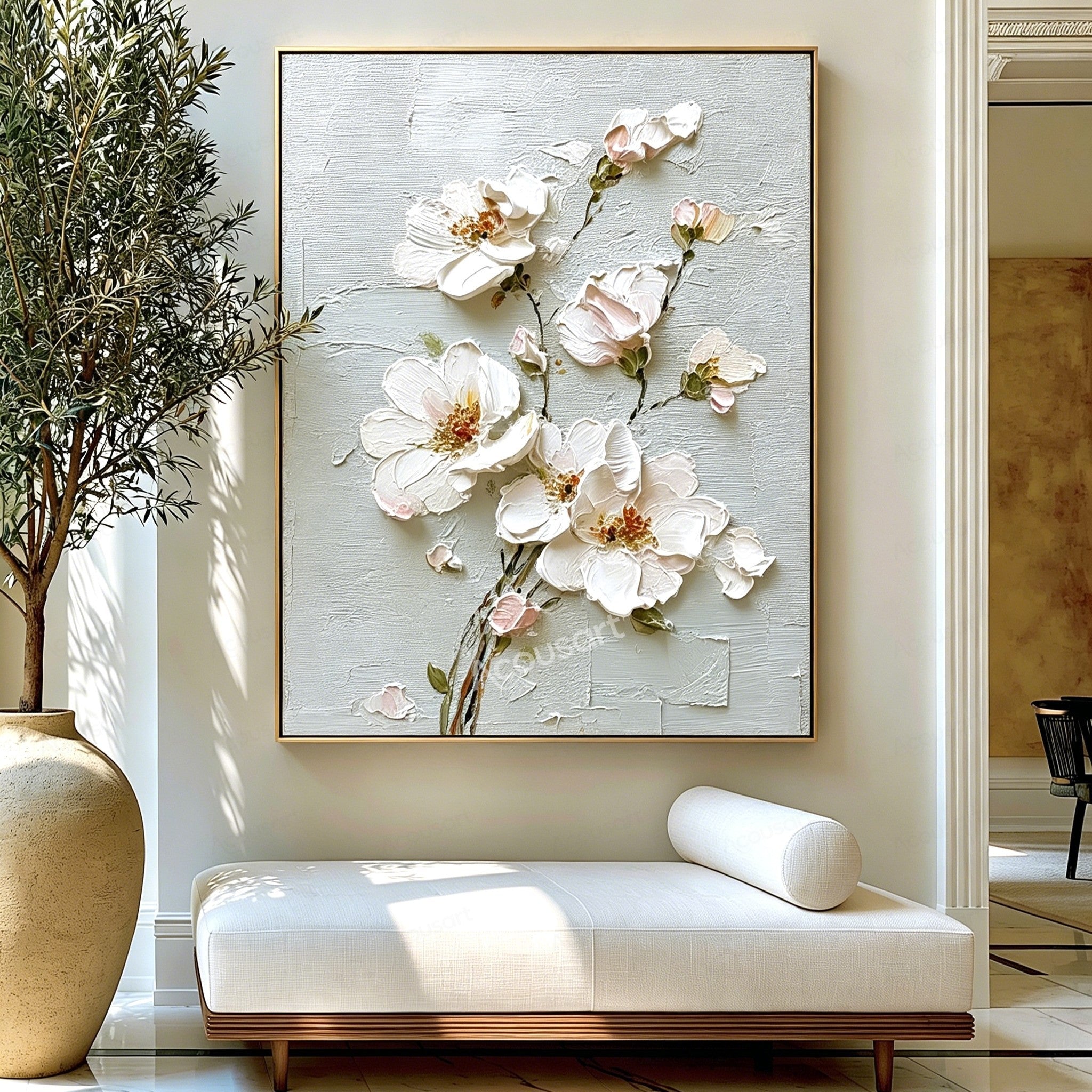 White textured floral wall art with blush pink flowers, gold centers, green leaves, and brown stems on a pale blue-gray background