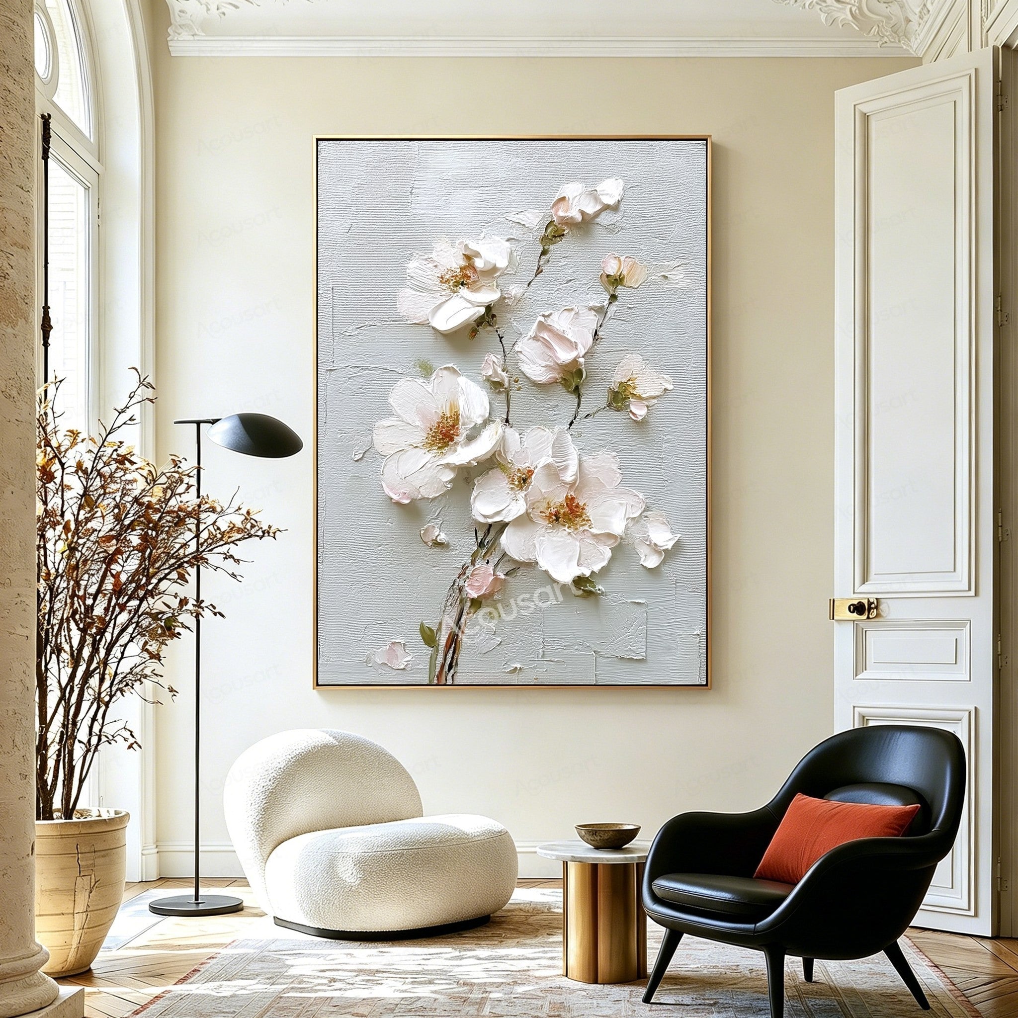 White textured floral wall art with blush pink flowers, gold centers, green leaves, and brown stems on a pale blue-gray background