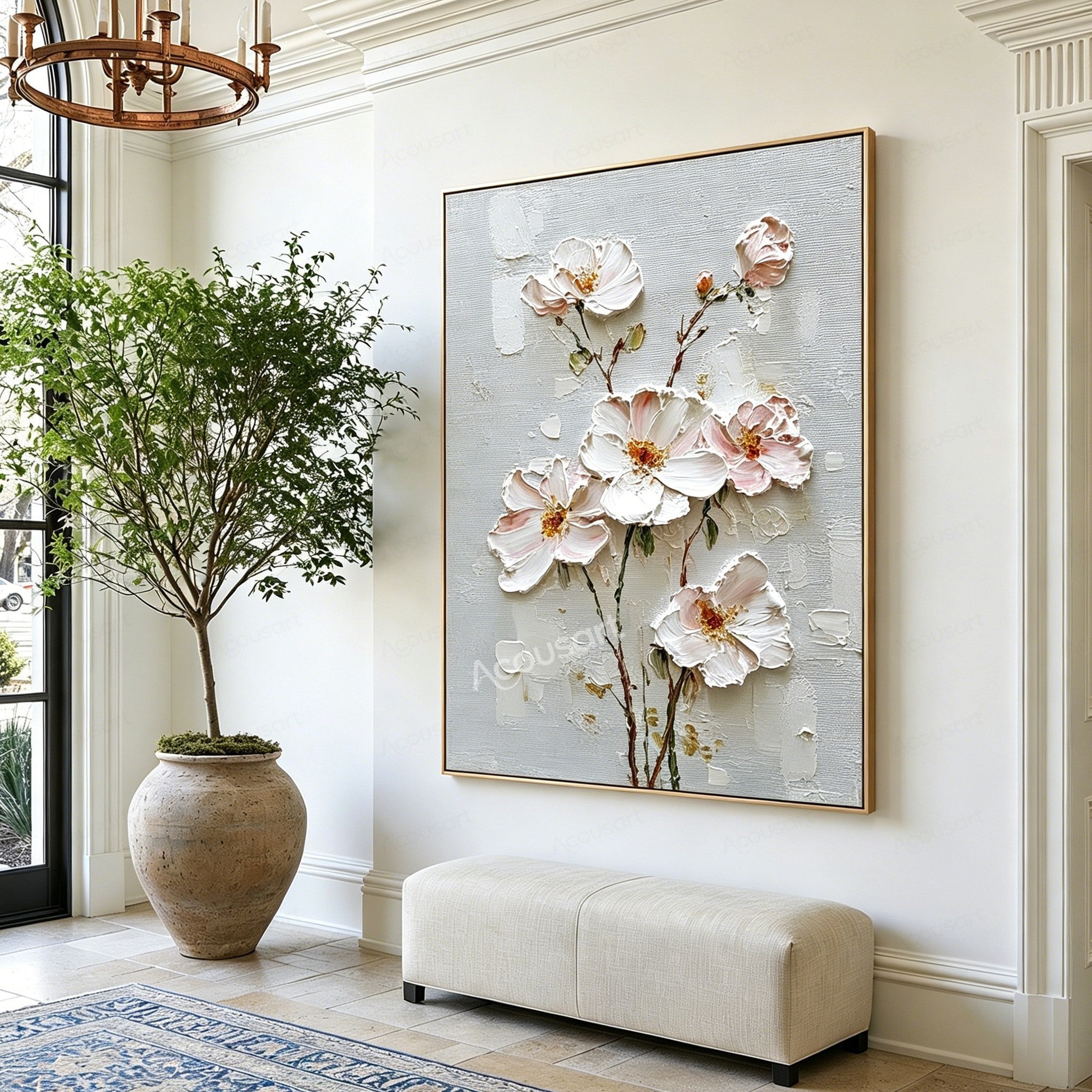 Blush pink and white textured floral wall art with gold flower centers and brown stems on a pale blue-gray background