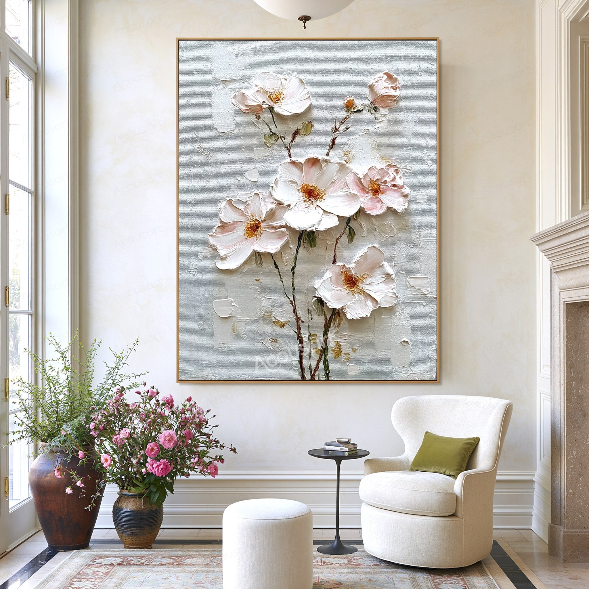 Blush pink and white textured floral wall art with gold flower centers and brown stems on a pale blue-gray background