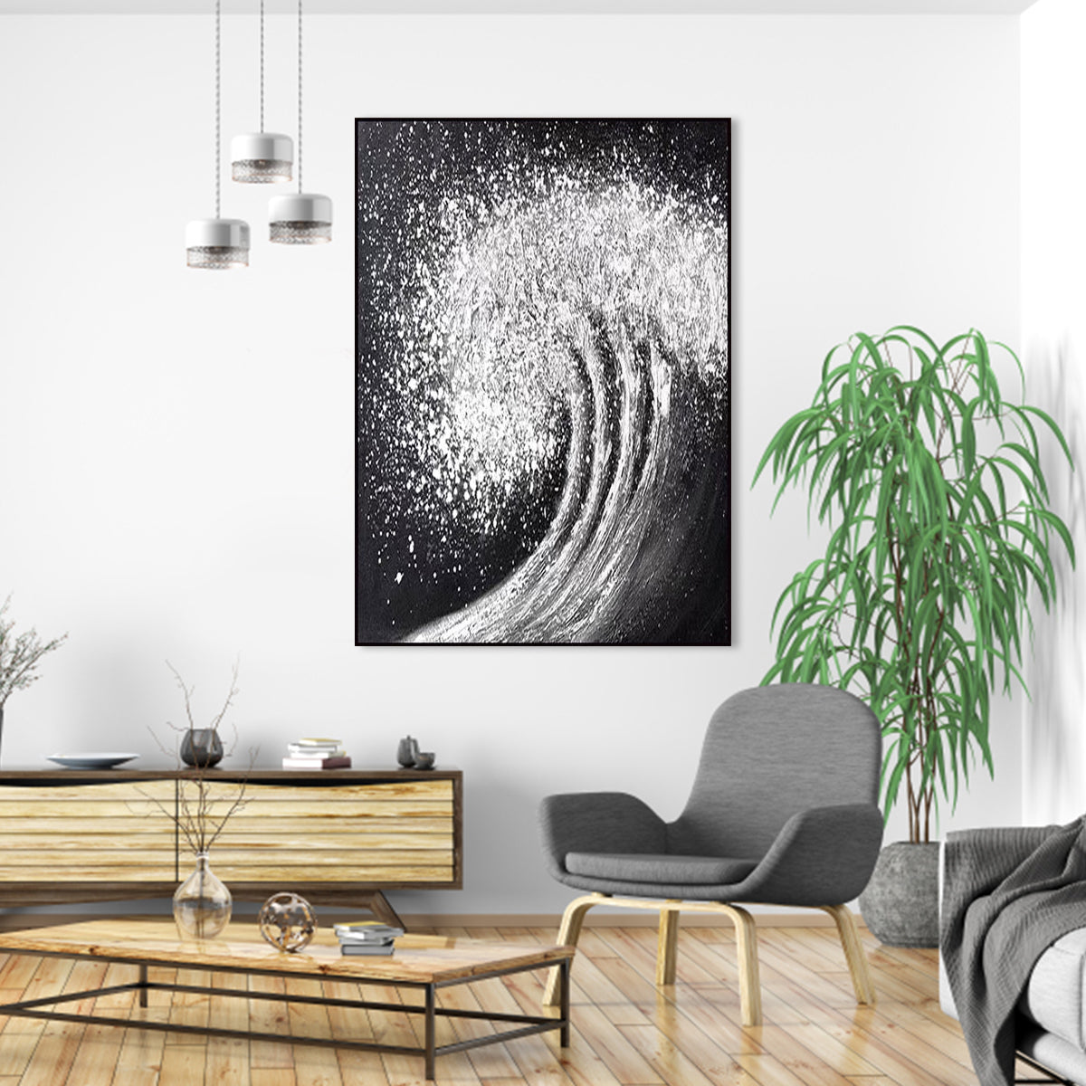 Black White Waves Painting