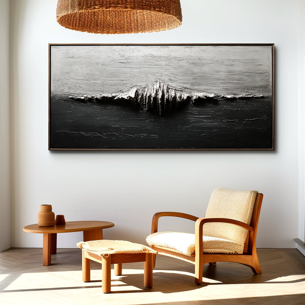 Textured Abstract Ocean Wave Wall Art – Monochrome Horizon Flow