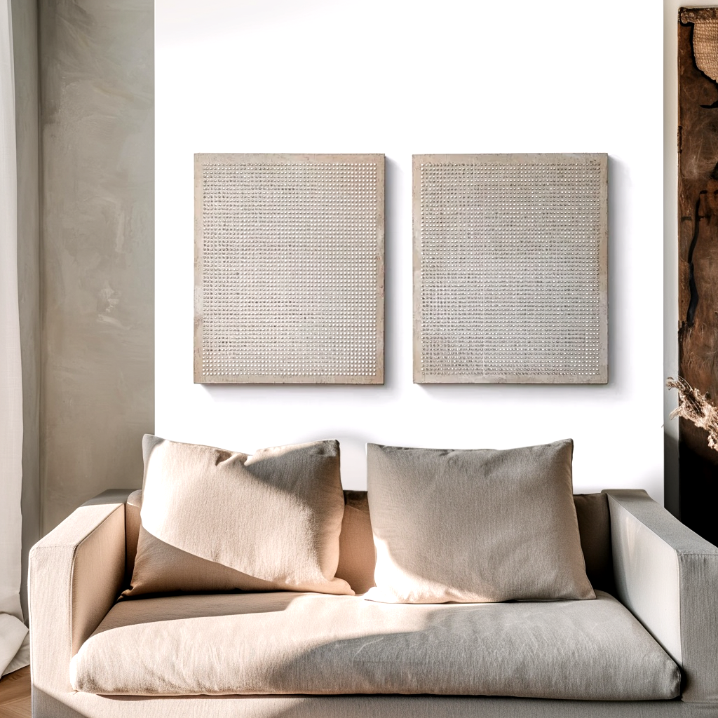 Large Minimalist Textured Diptych Wall Art – Modern Abstract Grid Canvas Set Neutral Contemporary Decor