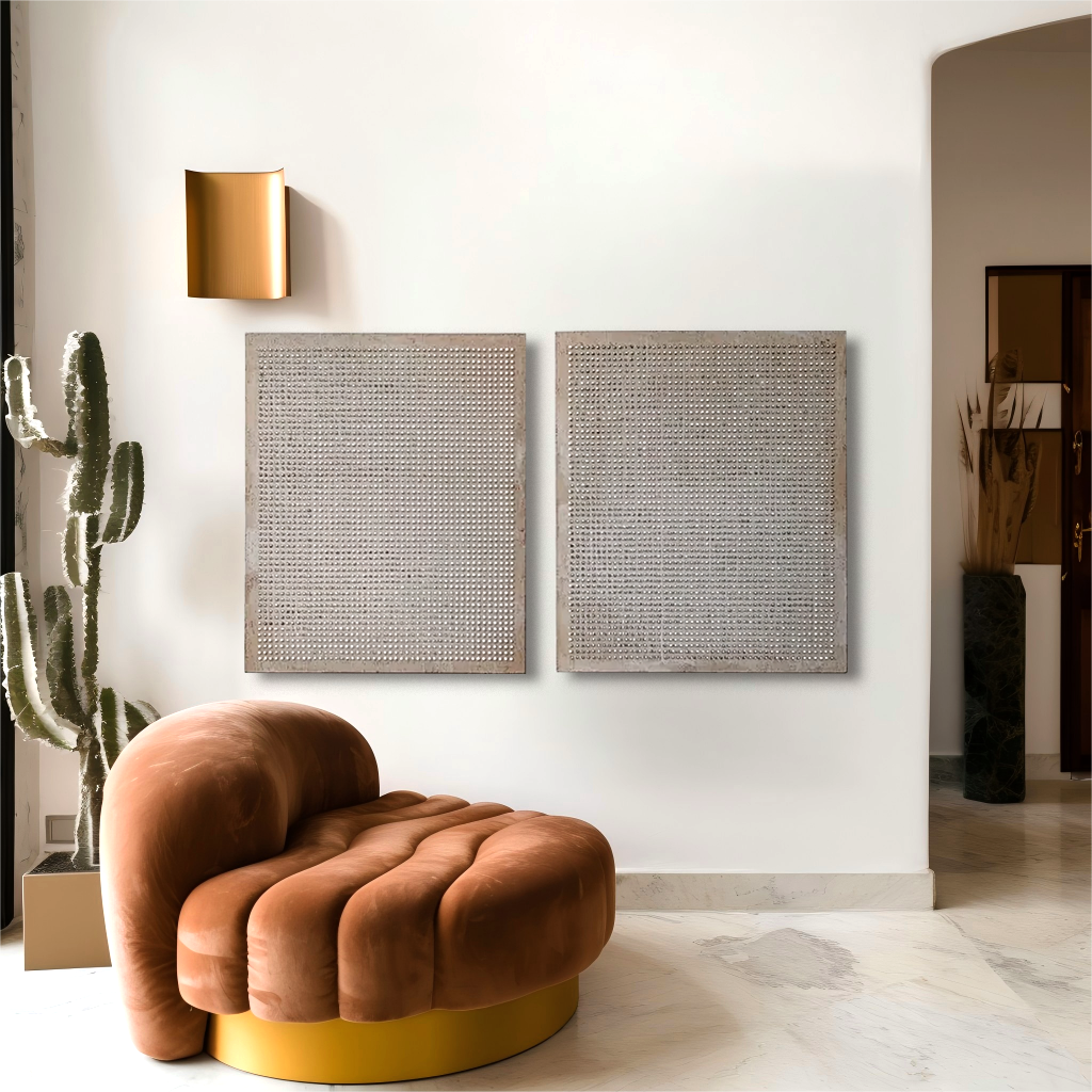 Large Minimalist Textured Diptych Wall Art – Modern Abstract Grid Canvas Set Neutral Contemporary Decor