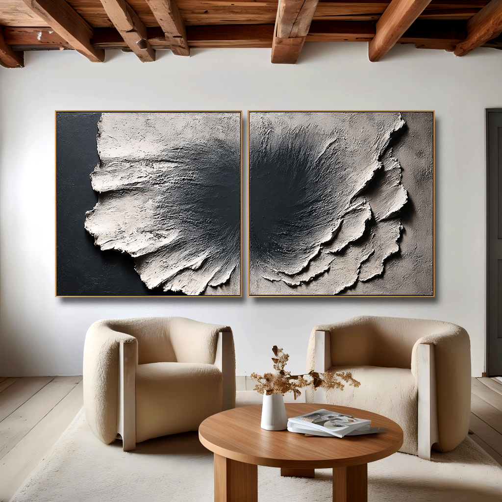 Large Textured Abstract Diptych Wall Art – Modern Sculptural Canvas Set Minimalist Stone Texture Decor