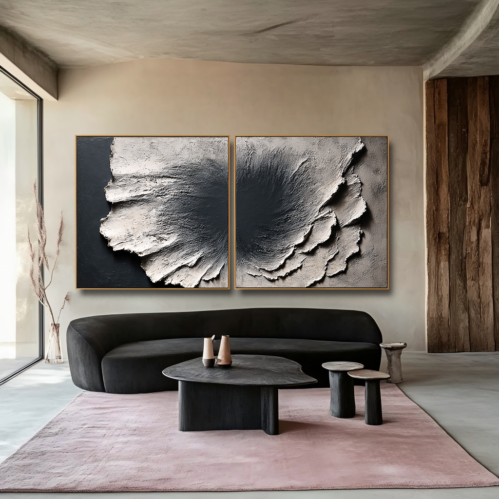 Large Textured Abstract Diptych Wall Art – Modern Sculptural Canvas Set Minimalist Stone Texture Decor
