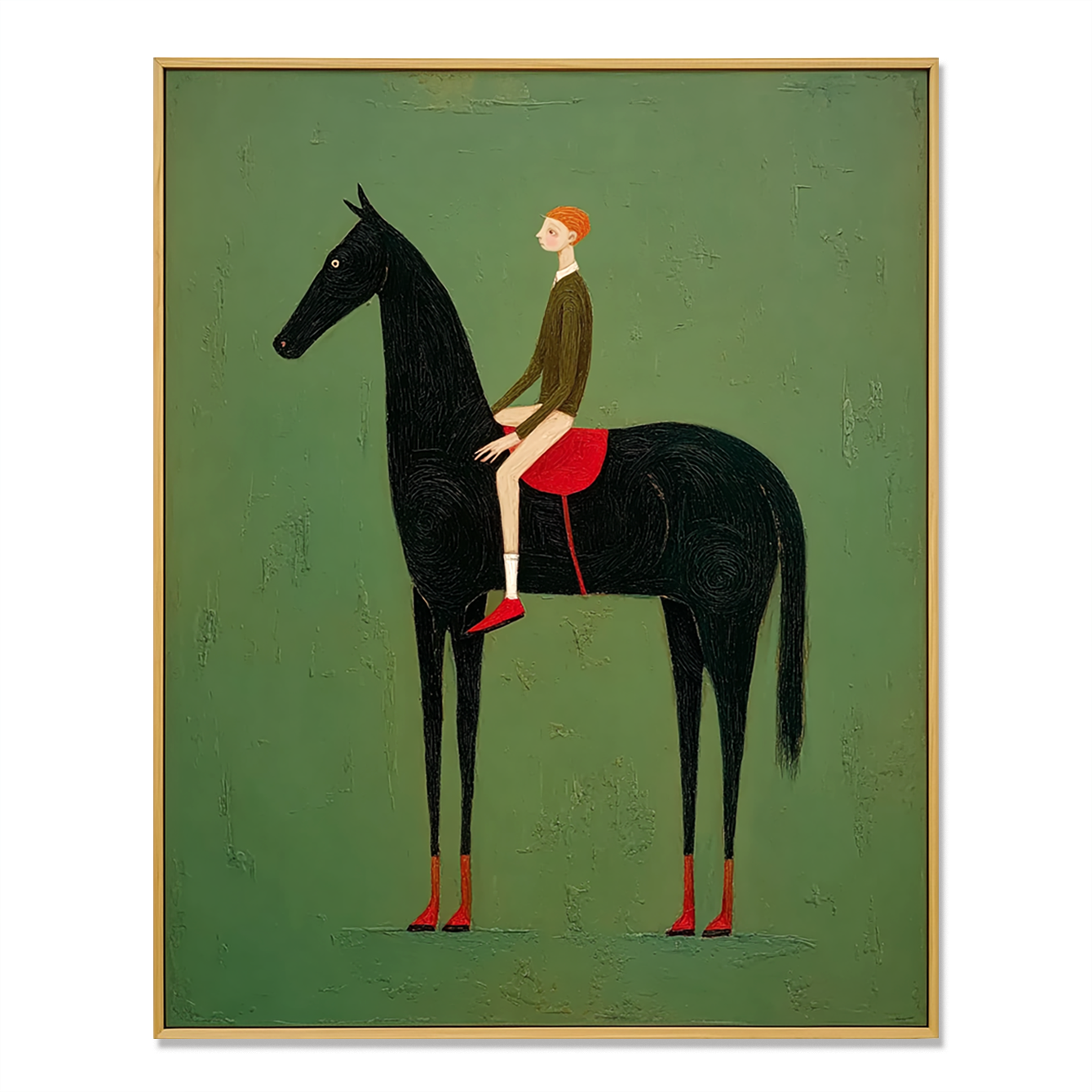 Whimsical Figurative Wall Art – Boy Riding a Black Horse