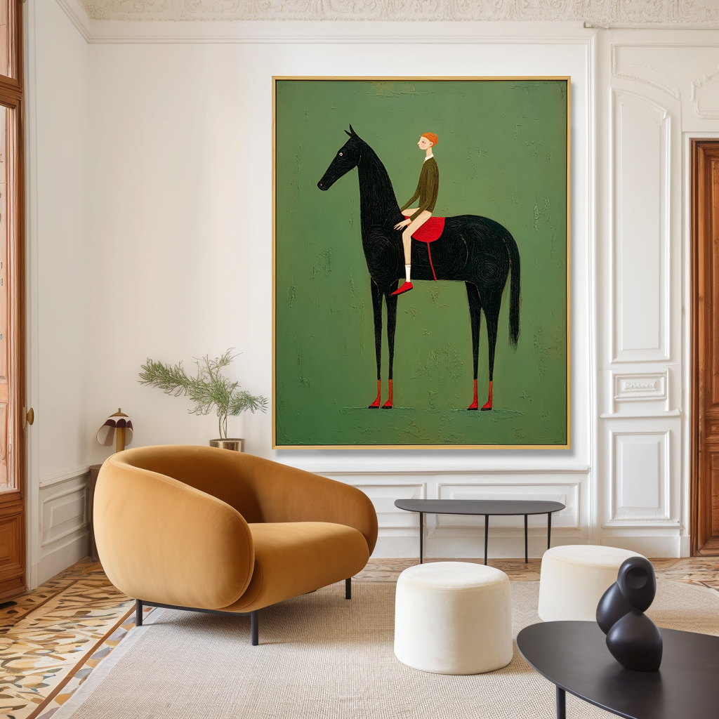 Whimsical Figurative Wall Art – Boy Riding a Black Horse