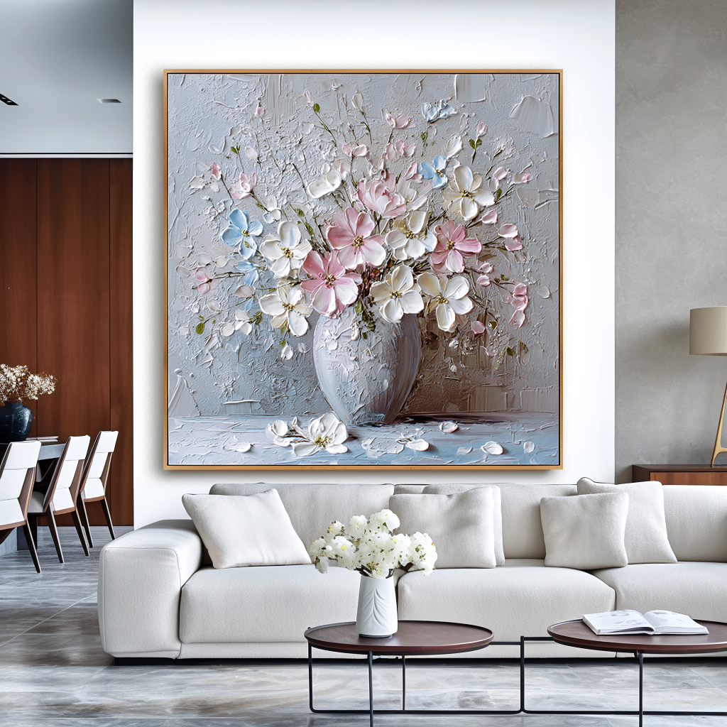 Large Hand-Painted Textured Floral Oil Painting, Flower Vase Canvas Art, 3D Flower Wall Art, Modern Botanical Wall Decor