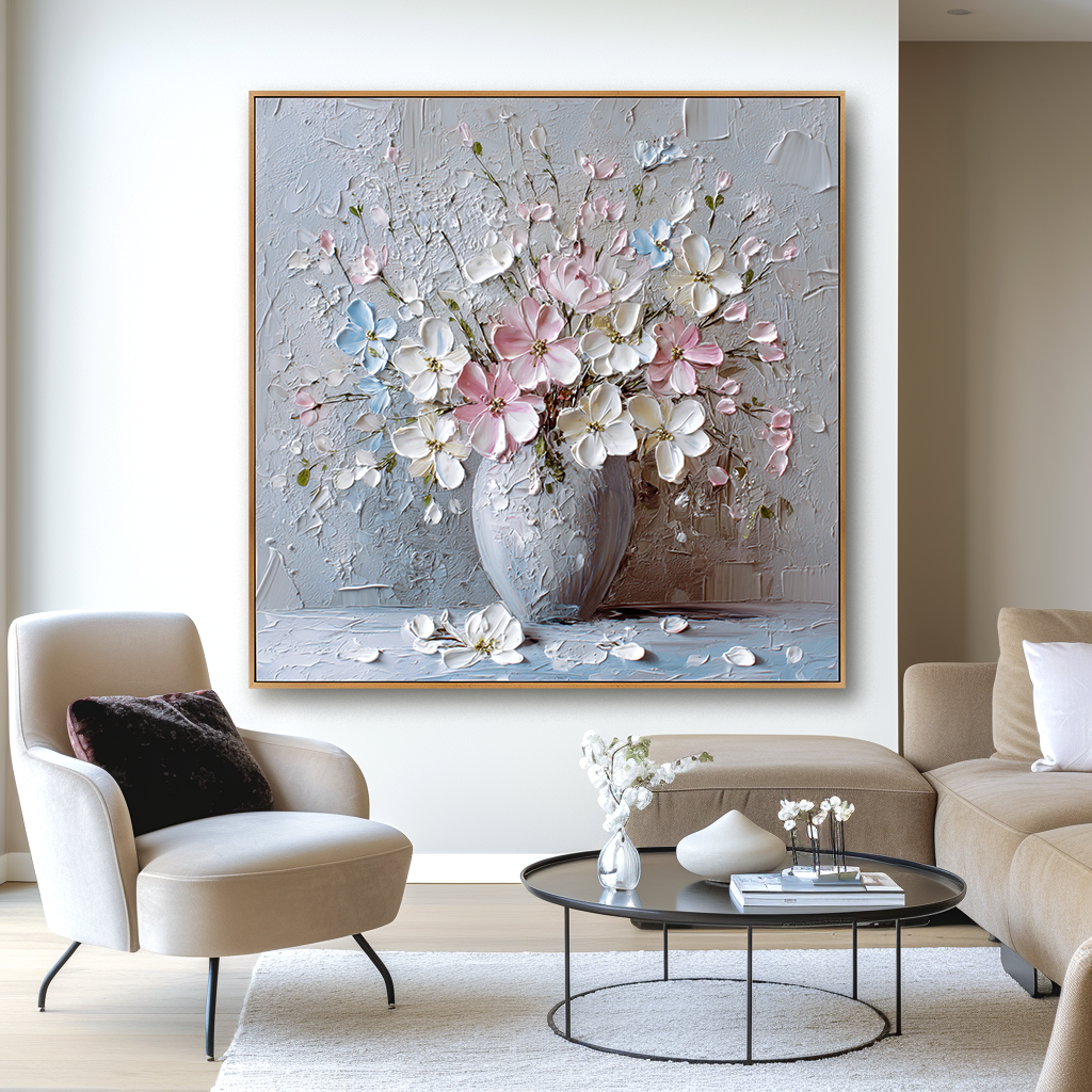 Large Hand-Painted Textured Floral Oil Painting, Flower Vase Canvas Art, 3D Flower Wall Art, Modern Botanical Wall Decor