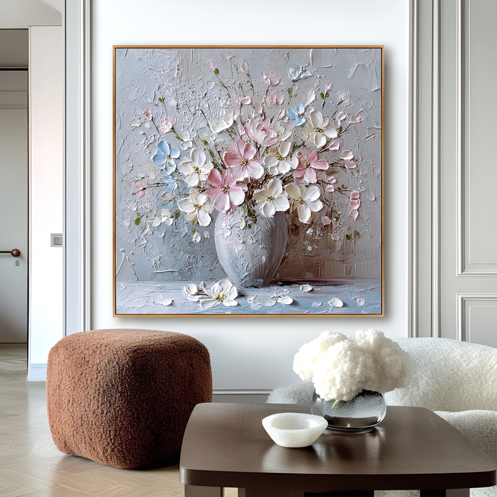 Large Hand-Painted Textured Floral Oil Painting, Flower Vase Canvas Art, 3D Flower Wall Art, Modern Botanical Wall Decor