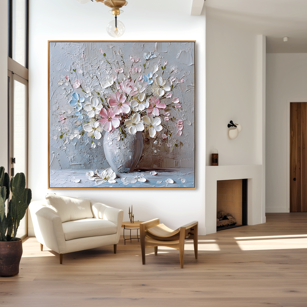 Large Hand-Painted Textured Floral Oil Painting, Flower Vase Canvas Art, 3D Flower Wall Art, Modern Botanical Wall Decor