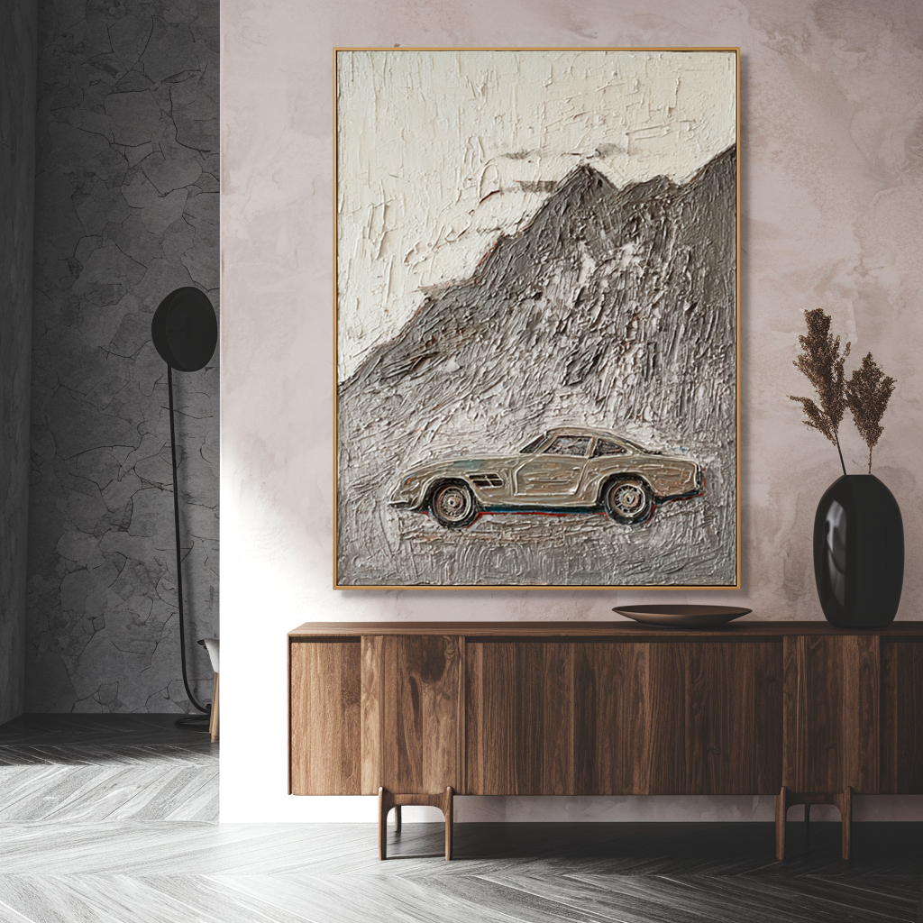 Elegance in Motion – Vintage Grand Touring Car Textured Painting, Luxury Automotive Wall Art