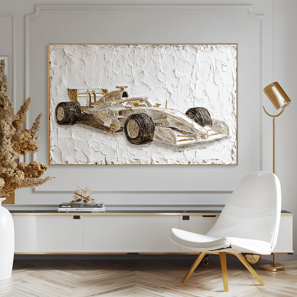 Large Textured Formula Racing Car Wall Art – Hand-Painted Motorsport Canvas Painting Modern Office Decor
