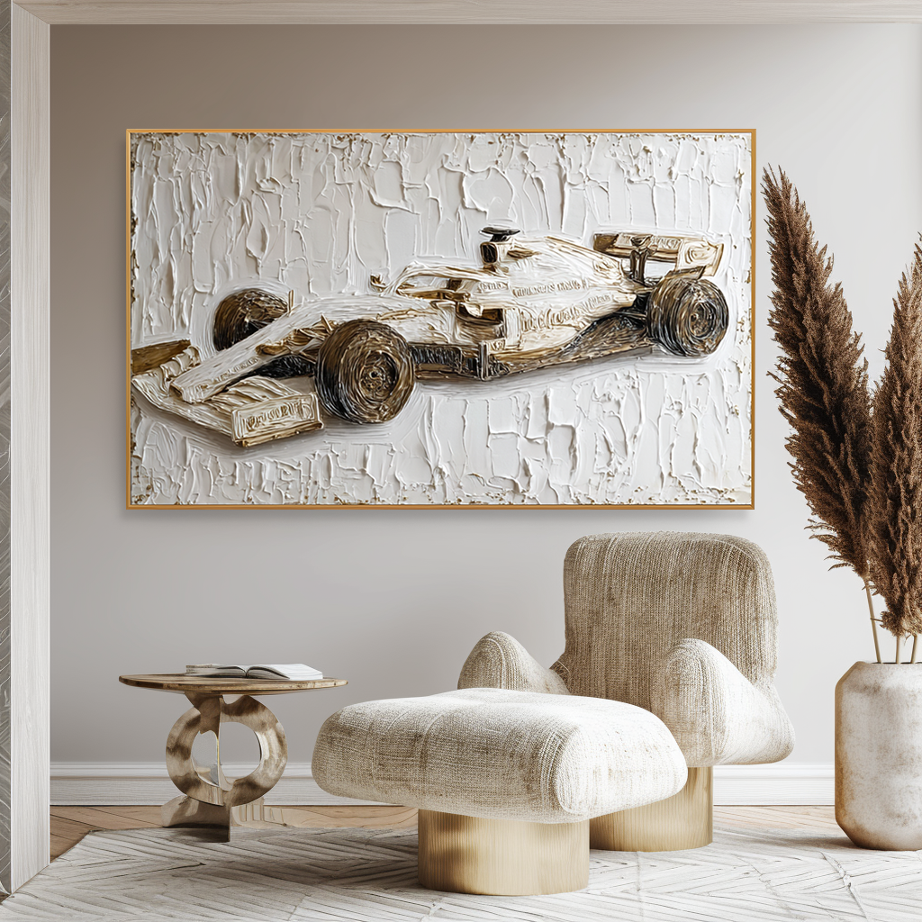 Large Textured Formula Racing Car Wall Art – Hand-Painted Motorsport Canvas Painting Modern Office Decor