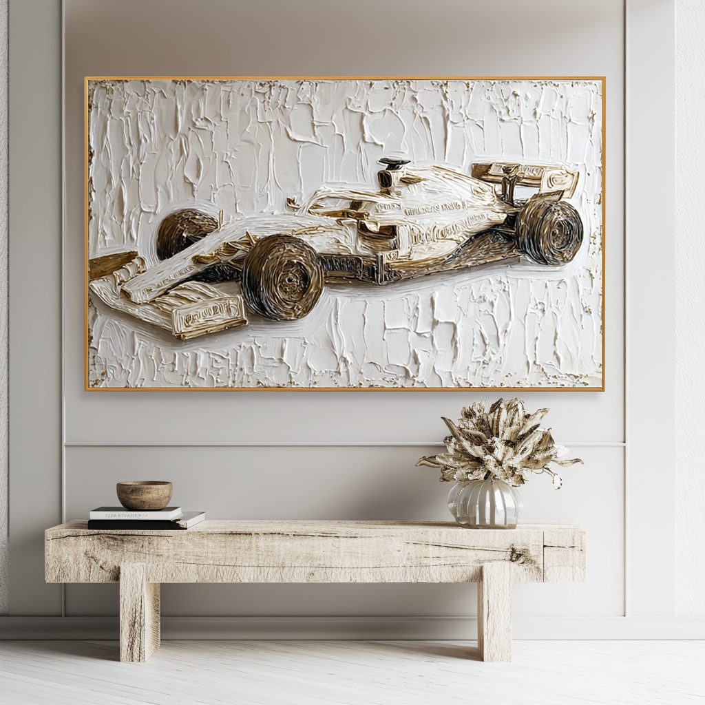 Large Textured Formula Racing Car Wall Art – Hand-Painted Motorsport Canvas Painting Modern Office Decor