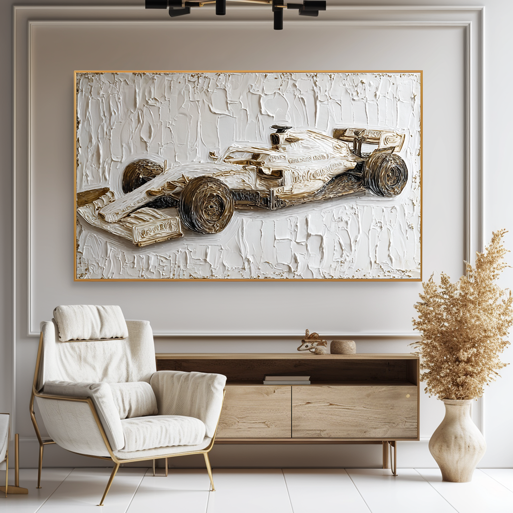 Large Textured Formula Racing Car Wall Art – Hand-Painted Motorsport Canvas Painting Modern Office Decor