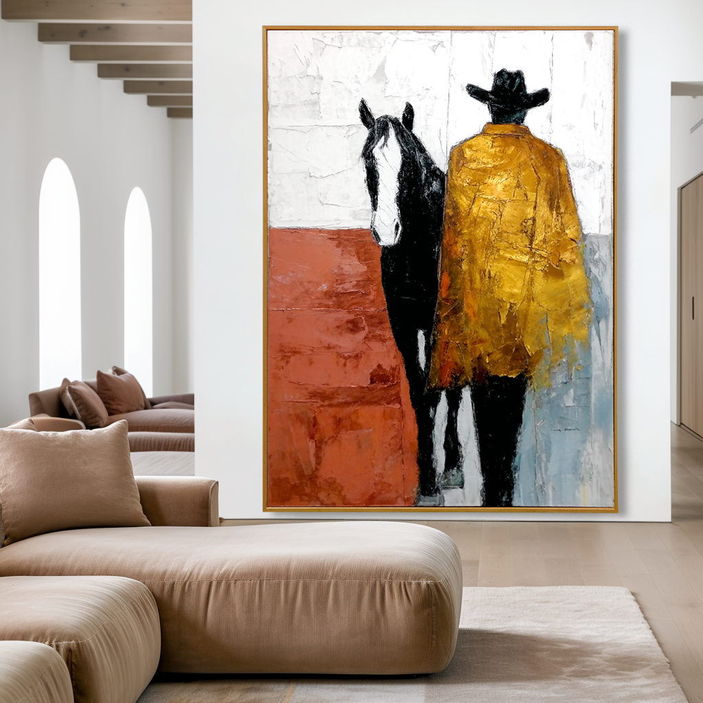 Large Hand-Painted Western Art, Cowboy and Horse Textured Oil Painting, Rustic Modern Wall Art, Western Themed Decor