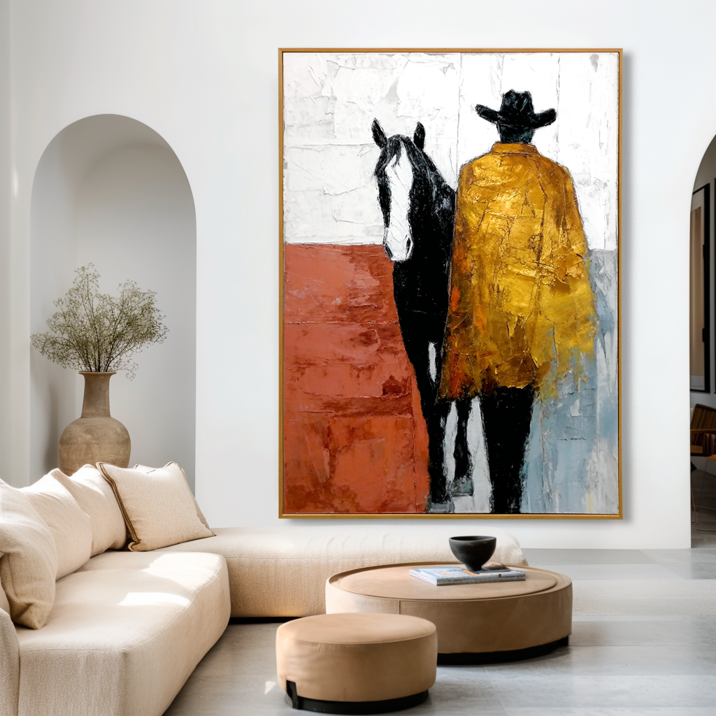 Large Hand-Painted Western Art, Cowboy and Horse Textured Oil Painting, Rustic Modern Wall Art, Western Themed Decor