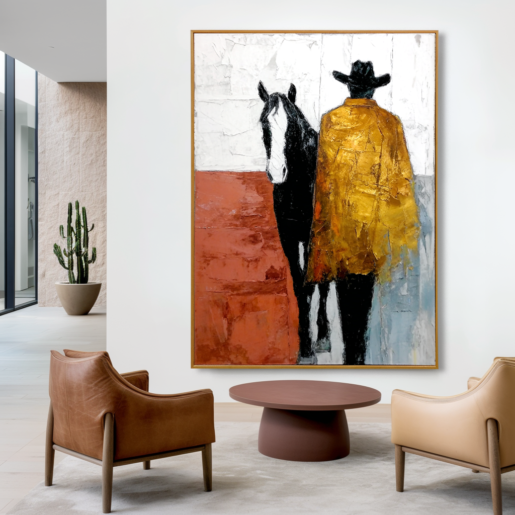 Large Hand-Painted Western Art, Cowboy and Horse Textured Oil Painting, Rustic Modern Wall Art, Western Themed Decor