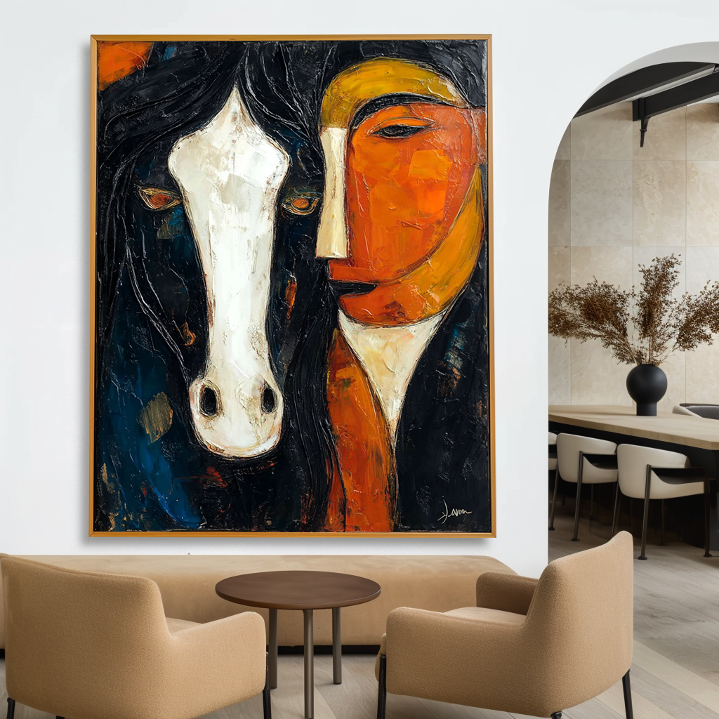 Large Abstract Oil Painting, Horse and Rider Modern Western Art, Textured Wall Art for Living Room
