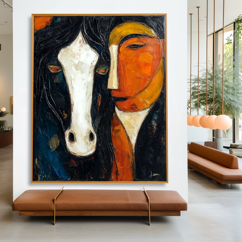 Large Abstract Oil Painting, Horse and Rider Modern Western Art, Textured Wall Art for Living Room