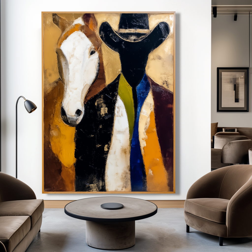 Horse and Rider – Abstract Oil Painting, Western Cowboy Art, Hand-Painted Texture