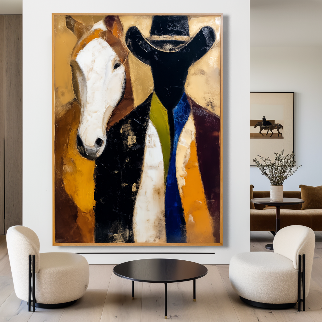 Horse and Rider – Abstract Oil Painting, Western Cowboy Art, Hand-Painted Texture