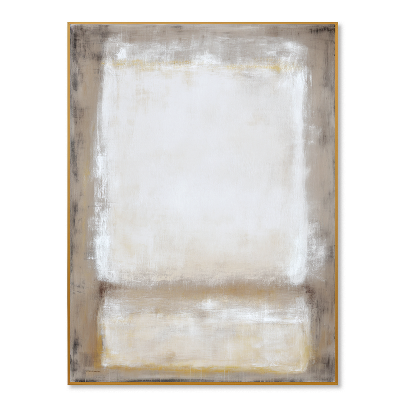 Abstract textured canvas art in soft whites, beige, and gray with light gold accents.