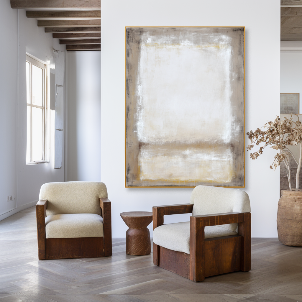 Abstract textured canvas art in soft whites, beige, and gray with light gold accents.