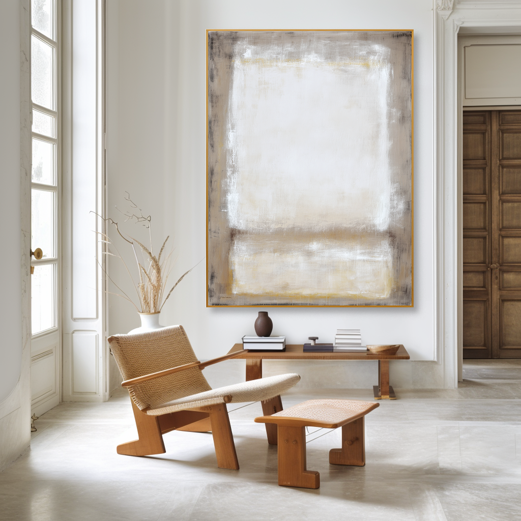 Abstract textured canvas art in soft whites, beige, and gray with light gold accents.