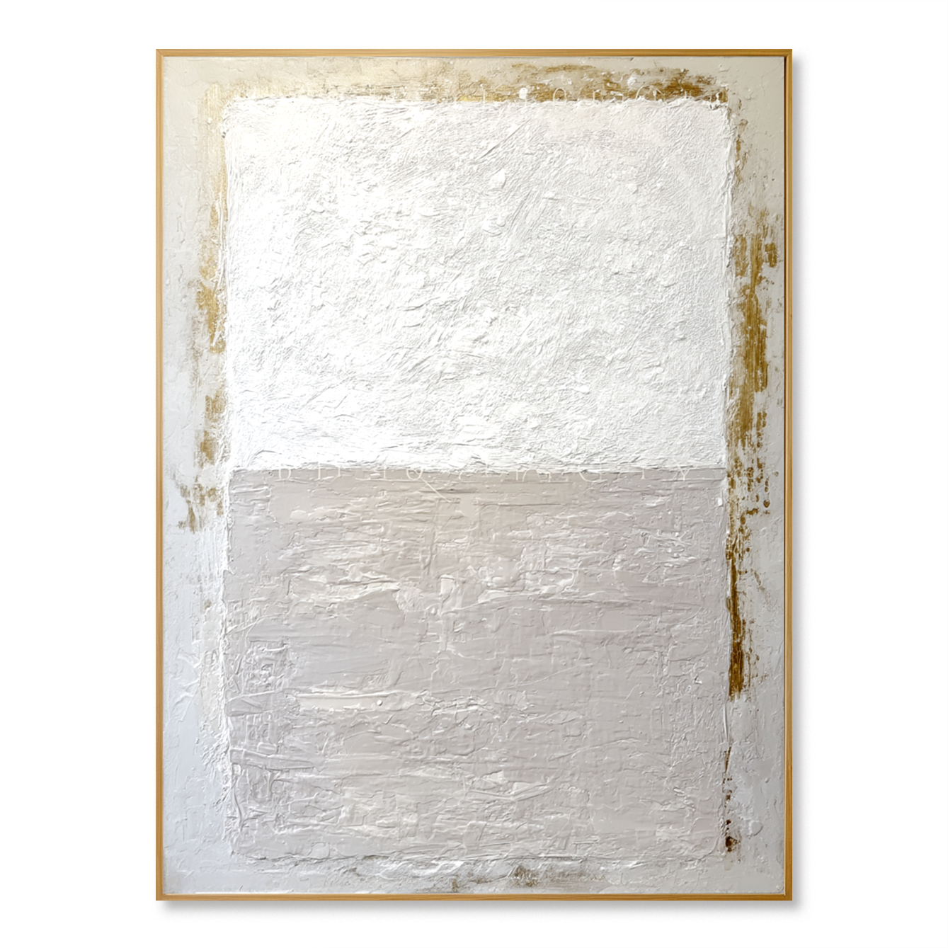 Minimalist abstract textured canvas art in soft white, beige, and gold accents.
