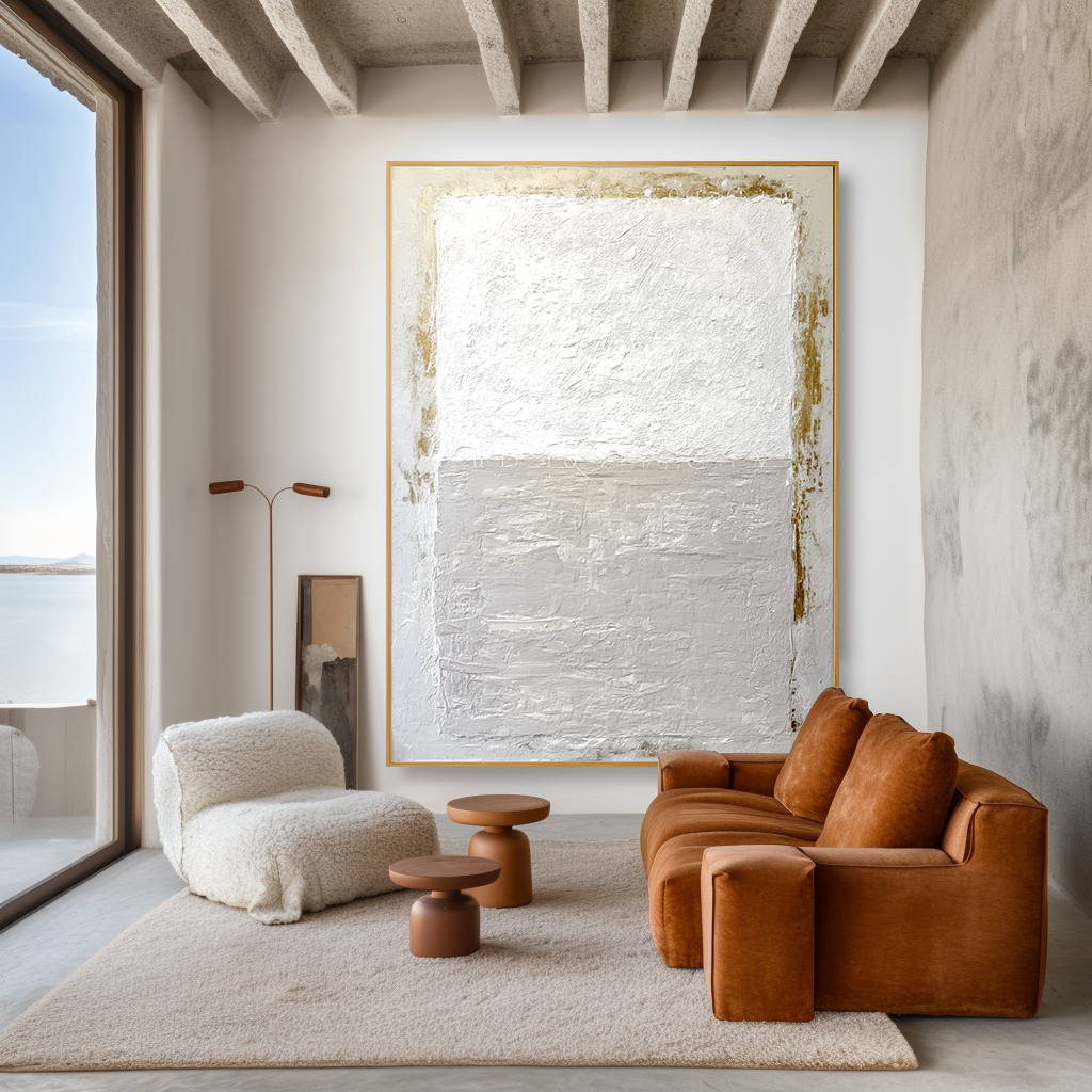 Minimalist abstract textured canvas art in soft white, beige, and gold accents.