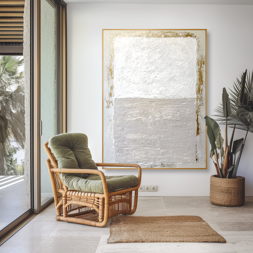 Minimalist abstract textured canvas art in soft white, beige, and gold accents.