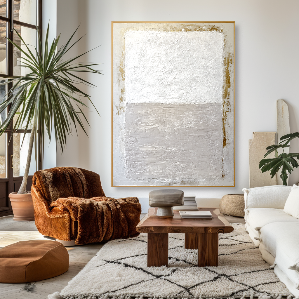 Minimalist abstract textured canvas art in soft white, beige, and gold accents.