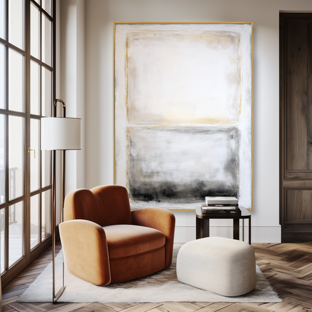 Abstract textured canvas art in soft white, gold, and black gradient tones