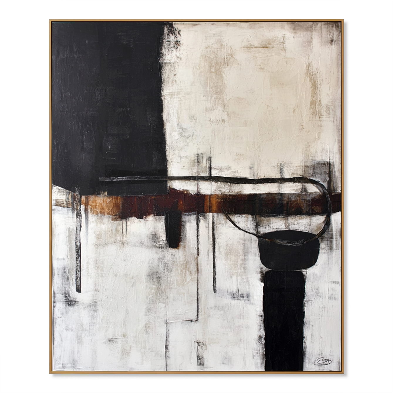 Abstract black and white art with warm brown accents and textured elements