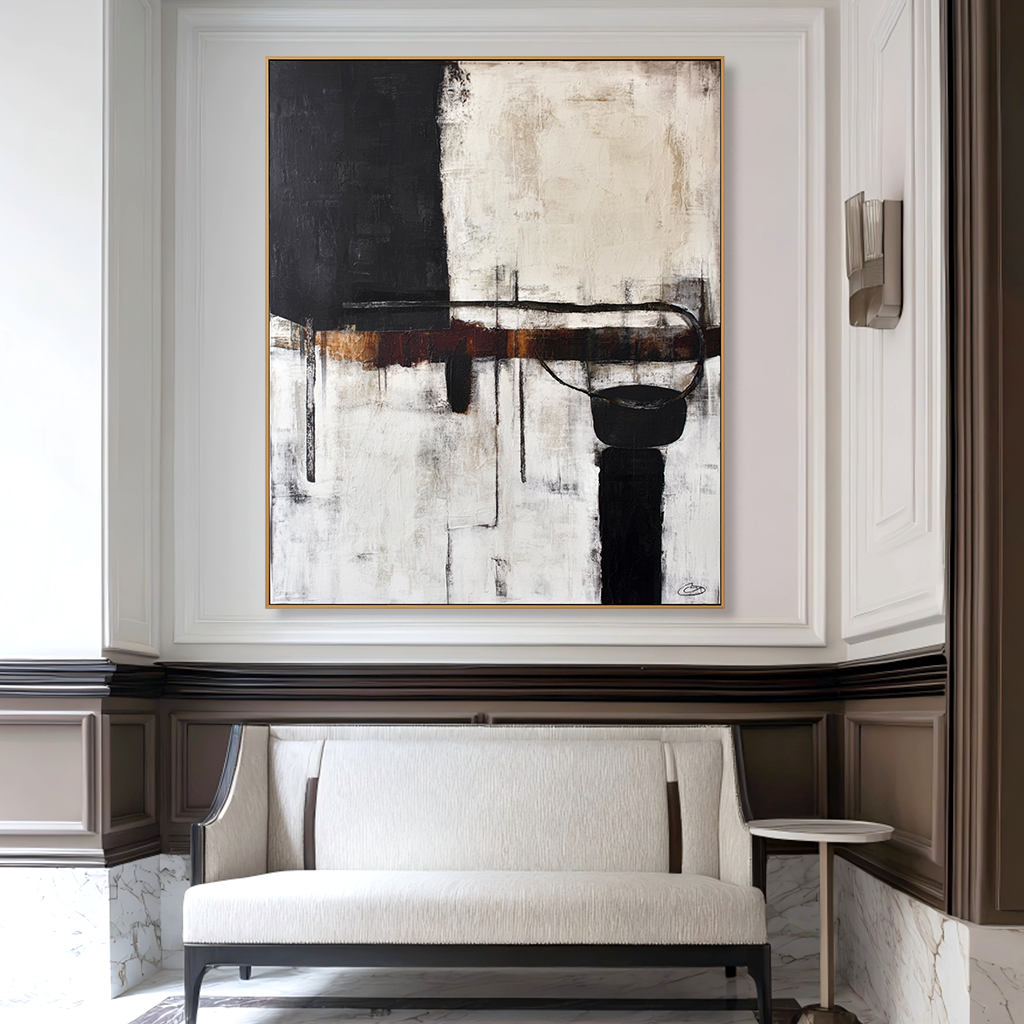 Abstract black and white art with warm brown accents and textured elements