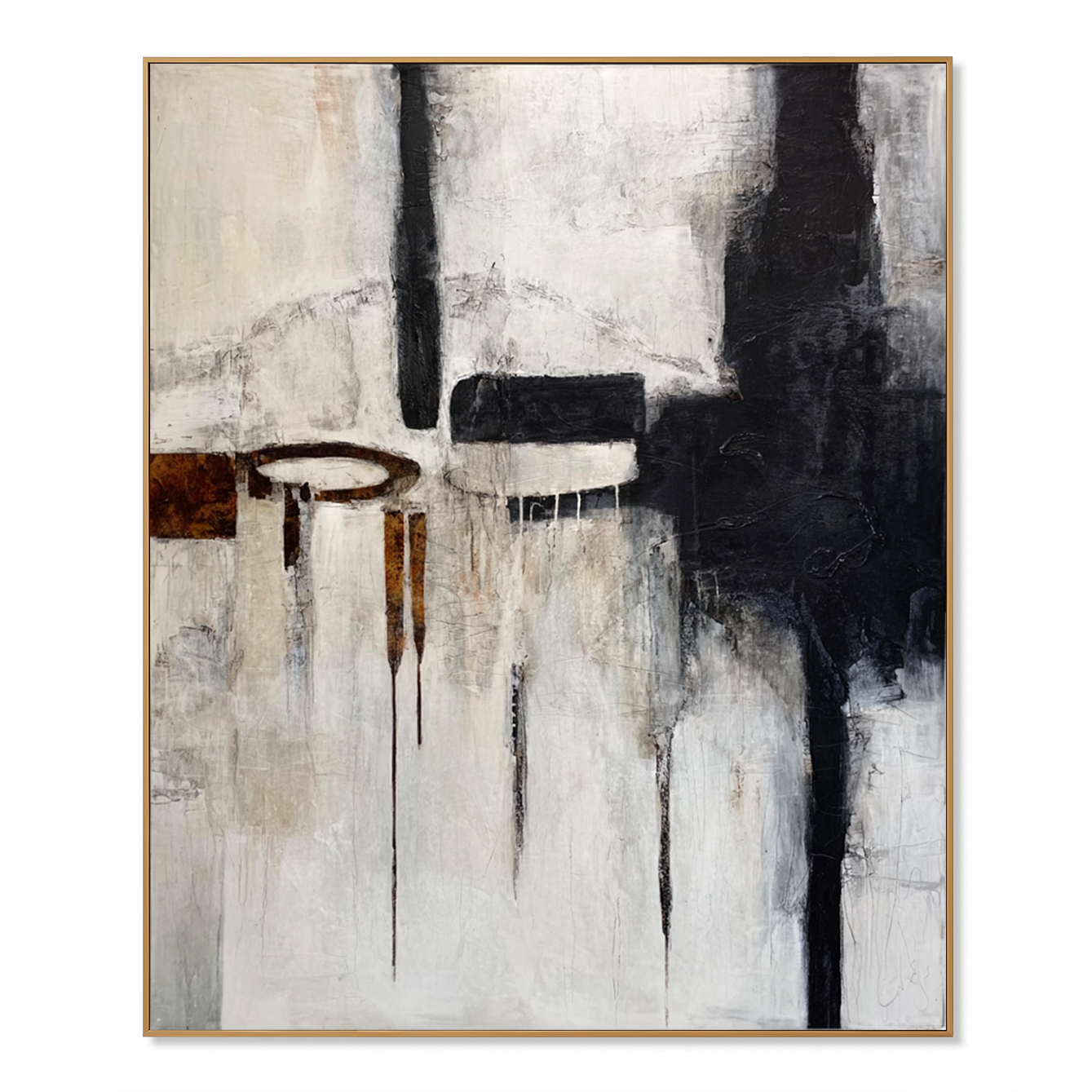 Abstract black, white, and brown geometric art with paint drips and textured elements.