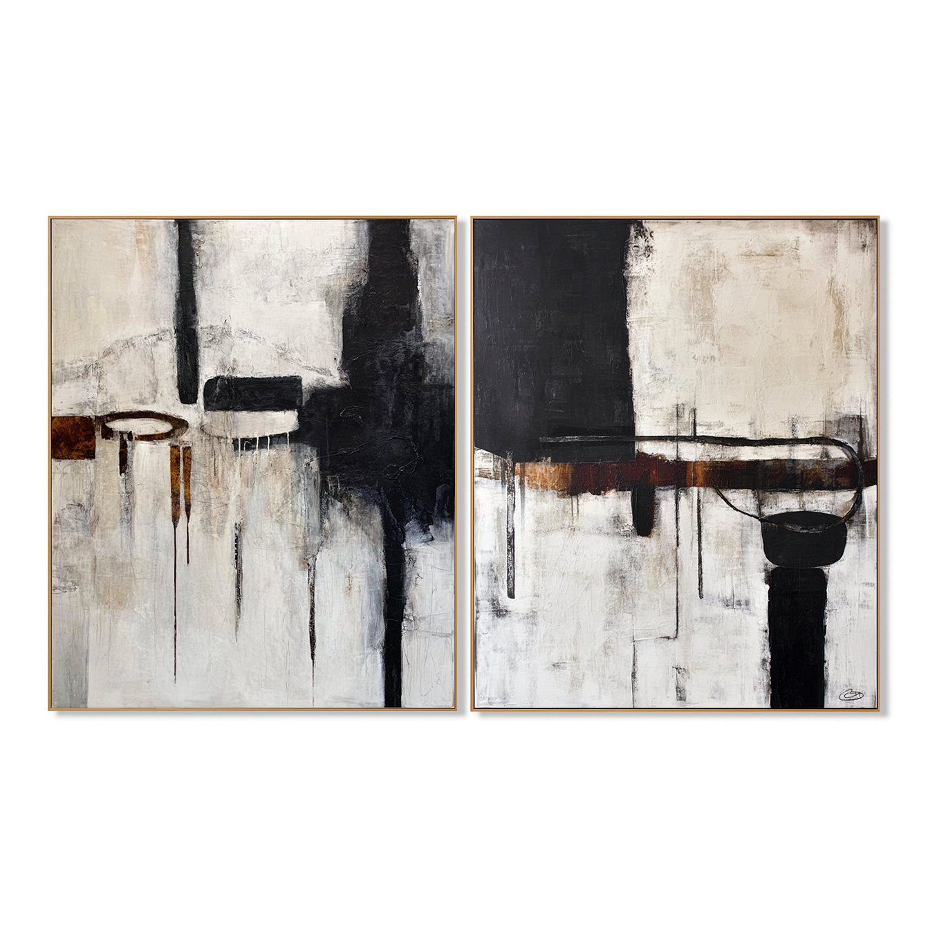 Modern abstract black and white art with geometric shapes and paint drips.