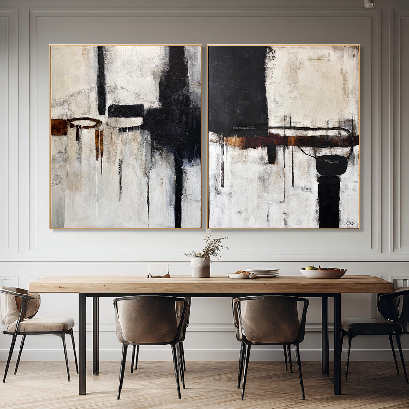 Modern abstract black and white art with geometric shapes and paint drips.