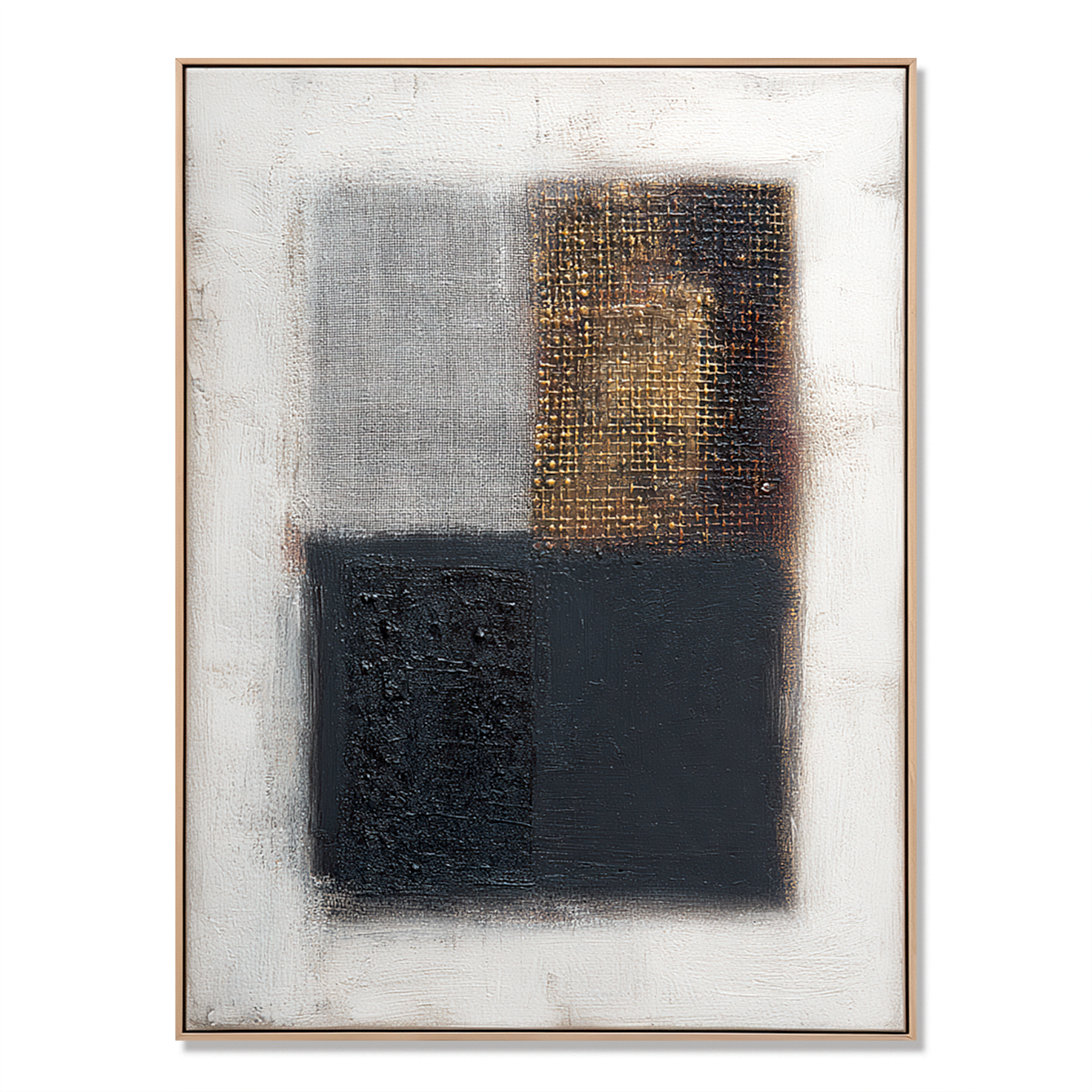 Abstract geometric art with black, gray, and gold textured squares on a white background.